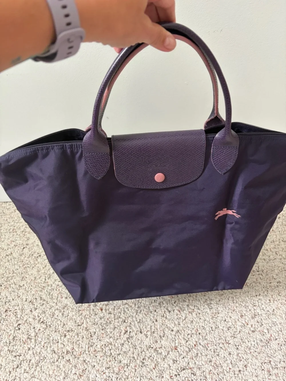 Longchamp Bilberry tote with pink trim top-handle